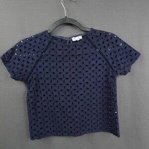 Womens Top Medium Blue Eyelet Lace Coquette Sheer Preppy Cropped Y2K Retro